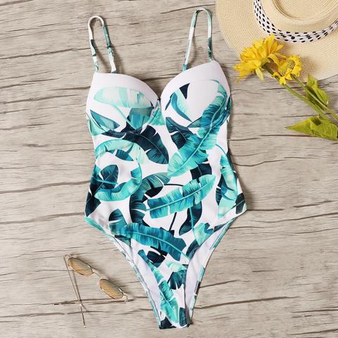 Random Leaf Print Bustier One Piece Swimsuit