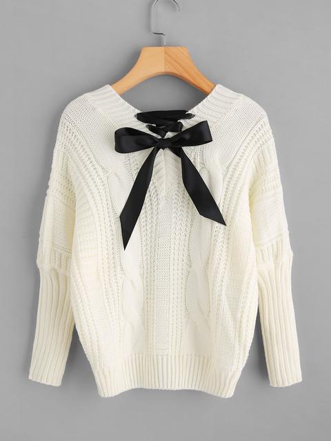 Lace Up Back Cable Knit Sweater