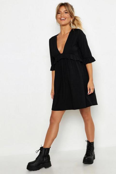 Robe À Smocks Côtelée À Volants - Noir - 44, Noir