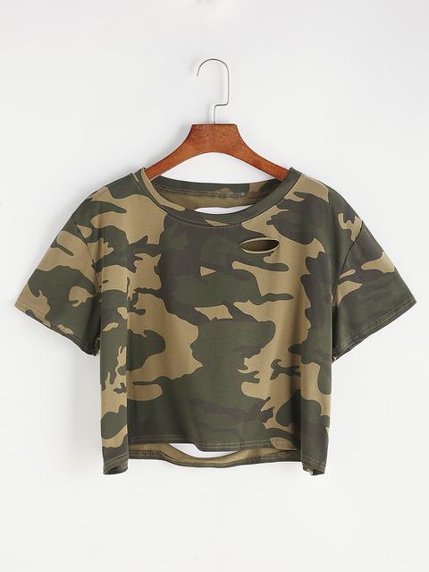 Camo Print Ripped Tee