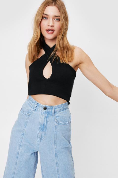 Womens Halter Crossover Cut Out Crop Top