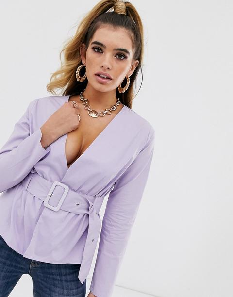 Top Escotado Con Sobrefalda Y Cinturón En Lila De Missguided-violeta