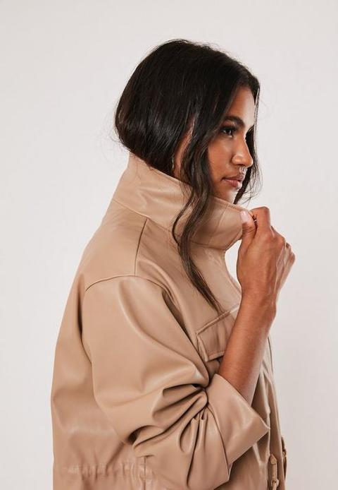 Tan Faux Leather Drawcord Jacket, Tan