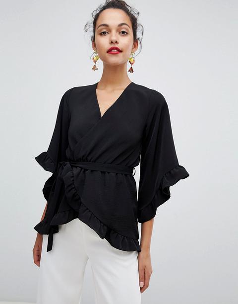 River Island - Blusa A Portafoglio Nera Con Volant Sulle Maniche - Nero