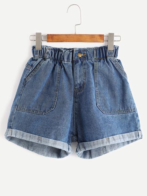 Shorts Cintura Elástica En Denim - Azul