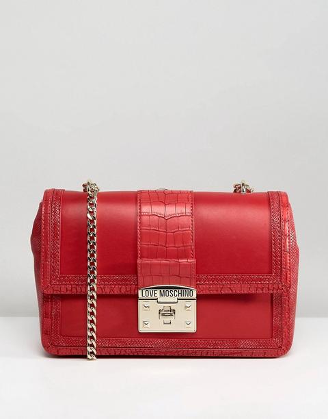 Love Moschino - Borsa Effetto Coccodrillo Con Tracolla A Catena - Rosso