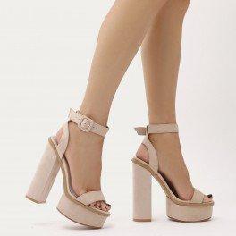 Valencia Platform Heels With Trim In Nude Faux Suede