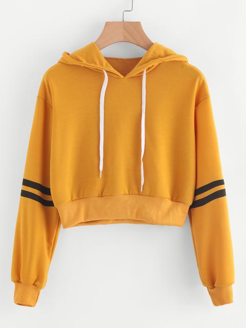 Varsity-striped Drawstring Crop Hoodie