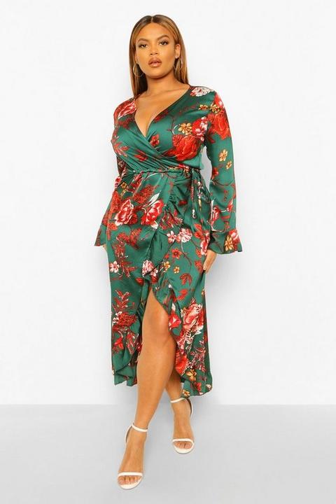 Womens Plus Floral Ruffle Wrap Dress - Green - 24, Green