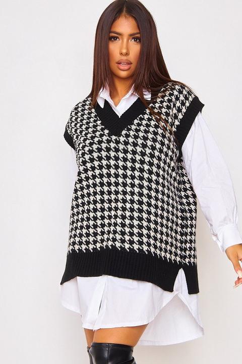 Pull Noir Sans Manches Motif Pied De Poule