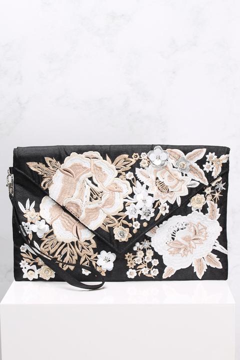 Black 3d Floral Embroidered Clutch Bag