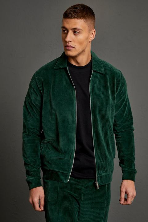 Mens Green Ribbed Velour Harrington, Green