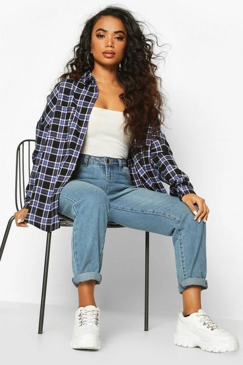 Womens Petite Check Oversized Shirt - Navy - 4, Navy