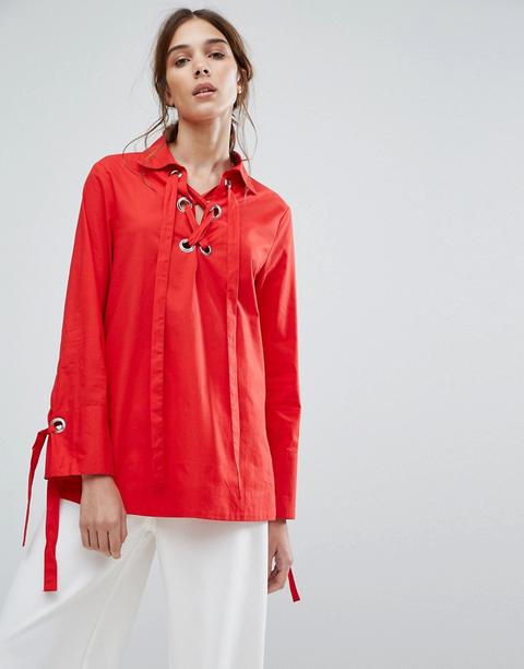 Neon Rose - Camicia Comoda Con Nastri Sui Polsini E Occhielli Di Metallo - Rosso