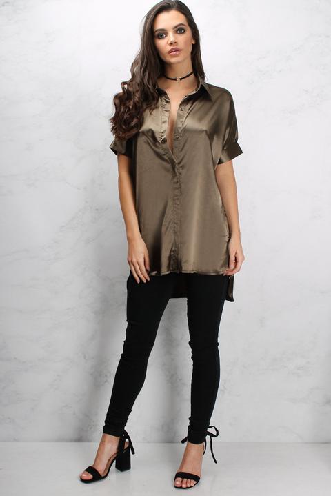 Khaki Satin Shirt Dress