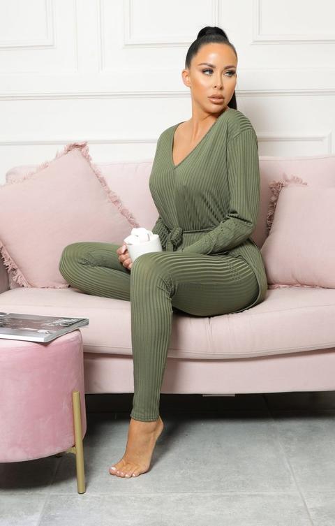 Khaki Ribbed Belted Loungewear Set - Asia