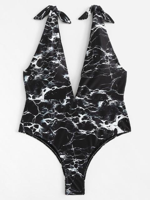 Bañador Escote V Profundo Con Estampado De Mármol