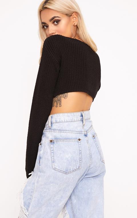 Bess Black Front Tie Detail Mini Cropped Jumper