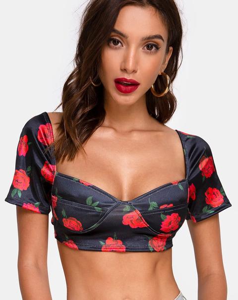 Yoona Top In Satin Stretch Last Rose Black