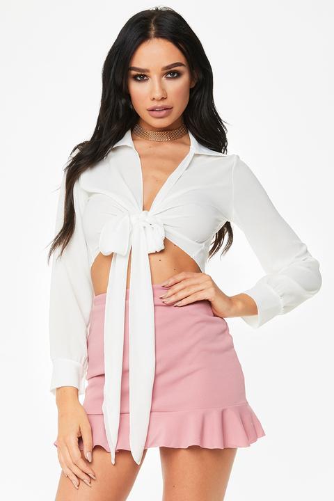 Carmel White Chiffon Tie Front Crop Top