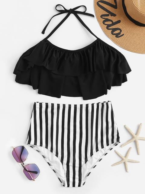 Set Bikini Halter A Righe Casuali A Vita Alta
