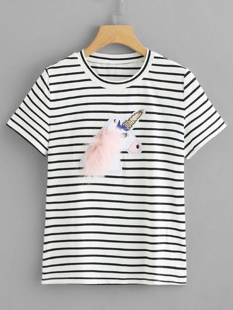 Camiseta Con Bordado De Unicornio Con Diseño De Pelo Sintético Y Lentejuelas