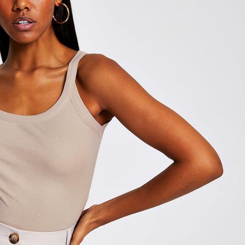 Beige Ribbed V Neck Fitted Vest