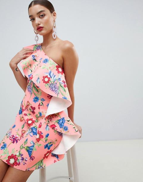 Minivestido Acampanado Asimétrico Con Volante Y Estampado Floral De Asos Design