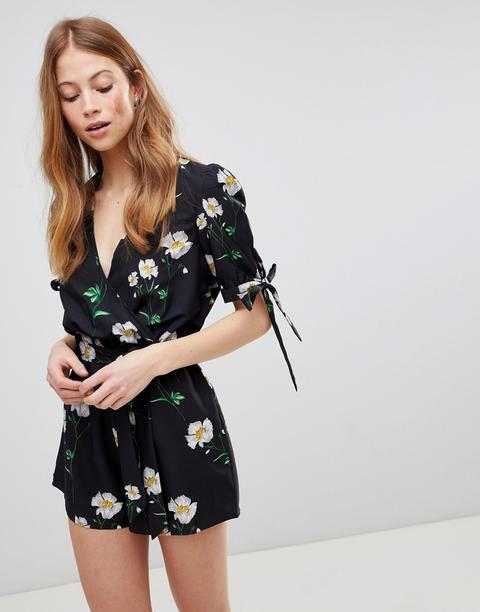 Mono Corto Con Diseño Cruzado, Manga Abullonada Anudada Y Estampado Floral De Influence-rojo