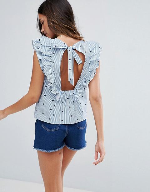 Asos - Top In Cotone A Righe E Cuori Con Volant - Blu