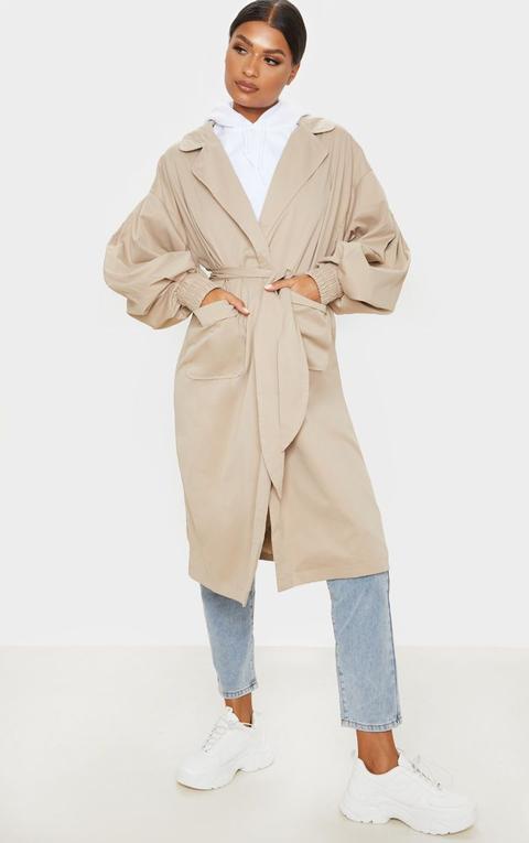 Taupe Balloon Sleeve Tie Waist Trench