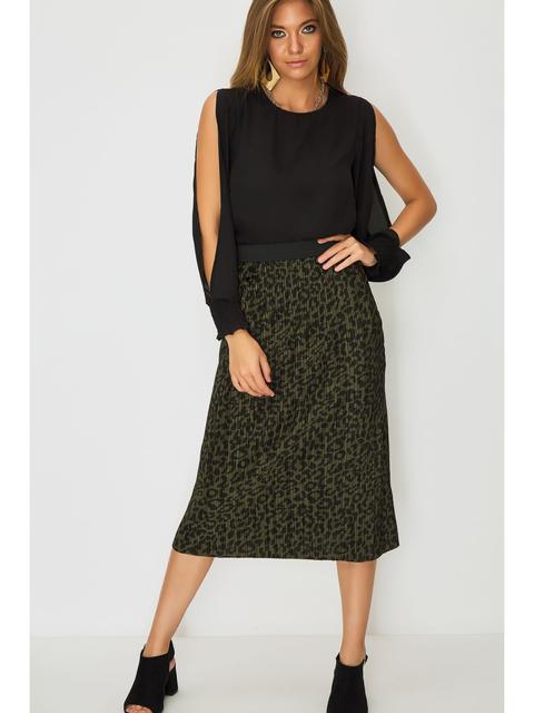 Khaki Pleated Animal Midi Skirt