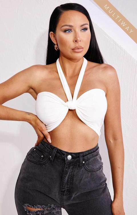 Cream Multiway Slinky Tie Front Halter Neck Crop Top - Willow