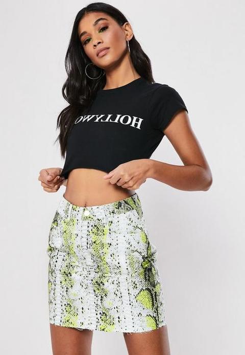 Neon Green Snake Print Co Ord Denim Mini Skirt, White