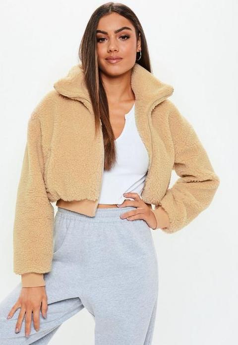 Sand Chunky Crop Zip Through Teddy Jacket, Sand