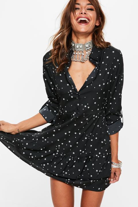 Black Star Frill Skater Shirt Dress