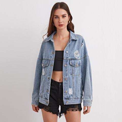 Light Wash Drop Shoulder Ripped Denim Jacket