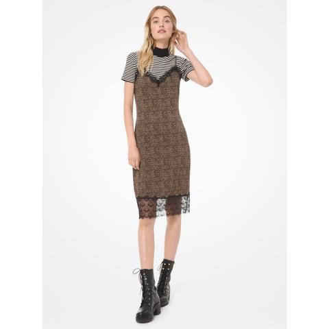 Mkvestido Lencero De Punto Liso Elástico Con Miniestampado De Leopardo - Camel Oscuro(marrón) - Michael Kors