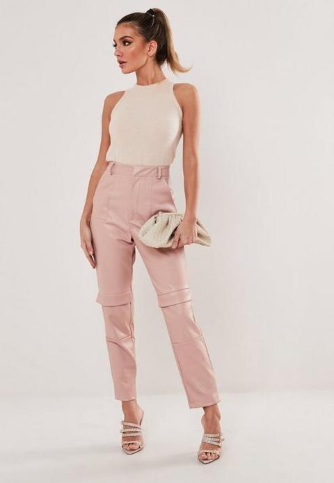 Pink Faux Leather Cargo Cigarette Trousers, Pink