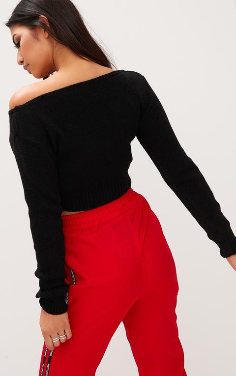 Adelaida Black Off Shoulder Knitted Crop Jumper