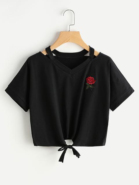 Cut Out Neck Rose Patch Knot Front Tee