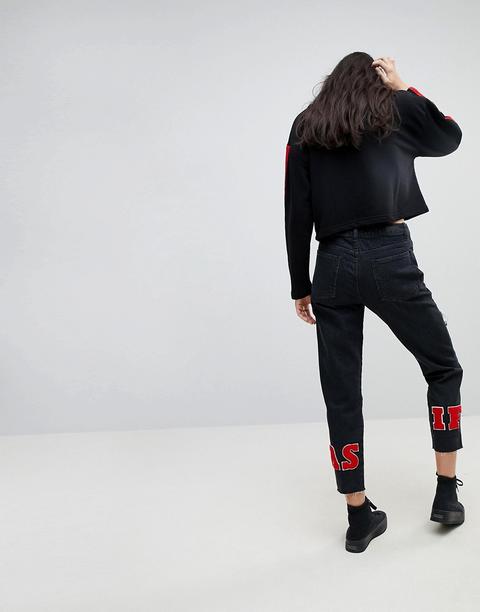 Kubban As If Embroidered Ankle Mom Jeans - Black