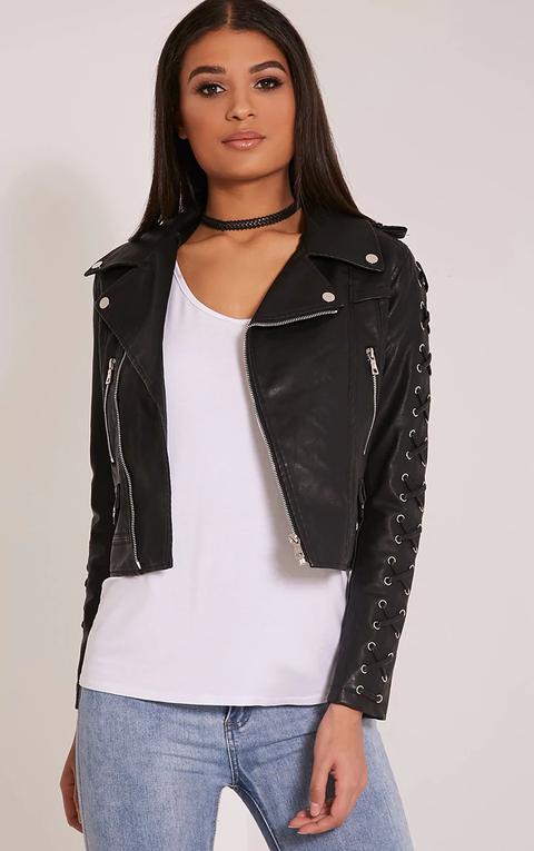 Clara Black Faux Leather Cross Detail Biker Jacket, Black