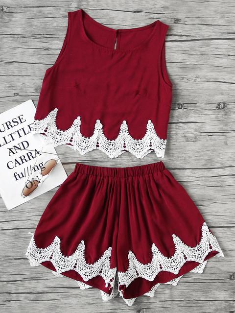 Chevron Lace Hem Split Back Tank Top With Shorts