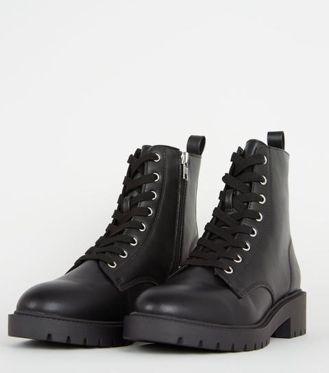Black Leather-look Chunky Lace Up Boots 
