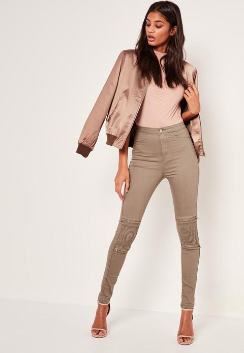 Khaki Vice High Waisted Zip Knee Biker Skinny Jeans