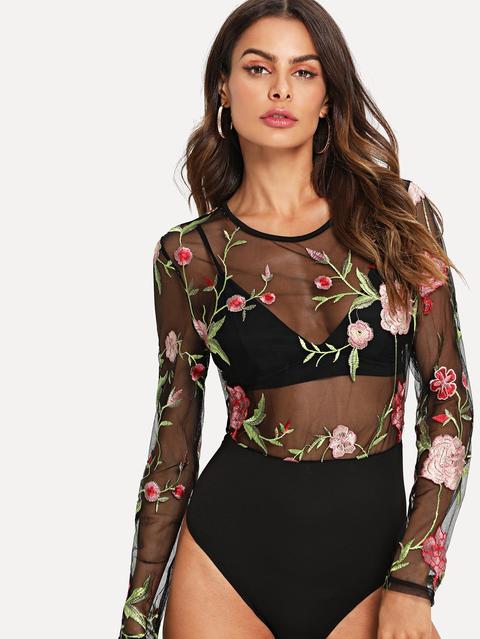 Sexy A Fiori Ricamo Nero Bodysuits