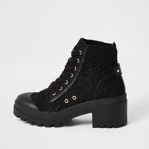 Black Lace Chunky Ankle Boots from 