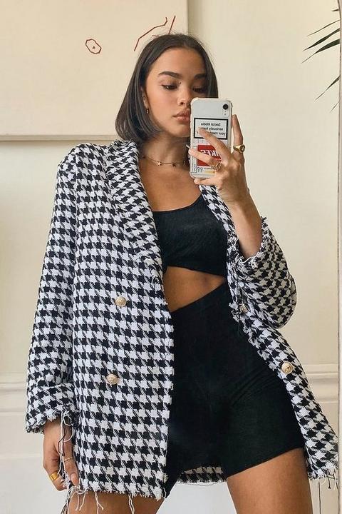 Womens Dogtooth Woven Double Breasted Boxy Blazer - Black - 8, Black