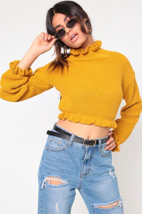 Mustard Ruffle Hem Cropped Jumper